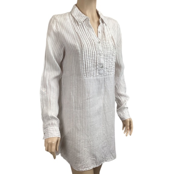 Artisan NY 100% Linen tunic top size small Long sleeve pintuck striped tan white - Picture 4 of 9